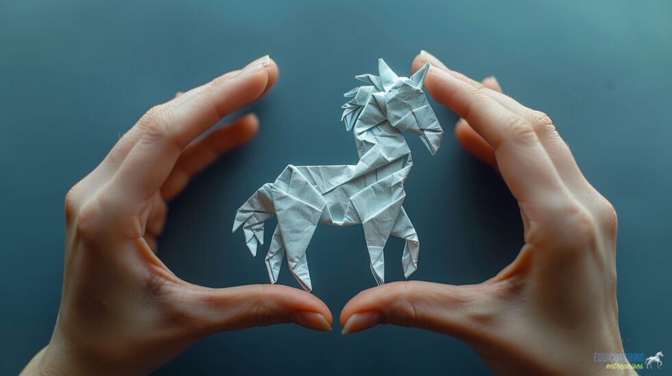Mains Tenant Un Origami De Cheval Représentant Le Travail De L'intuition Avec L'équicoaching En Entreprises