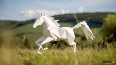 Cheval En Origami Galopant Dans Un Pré